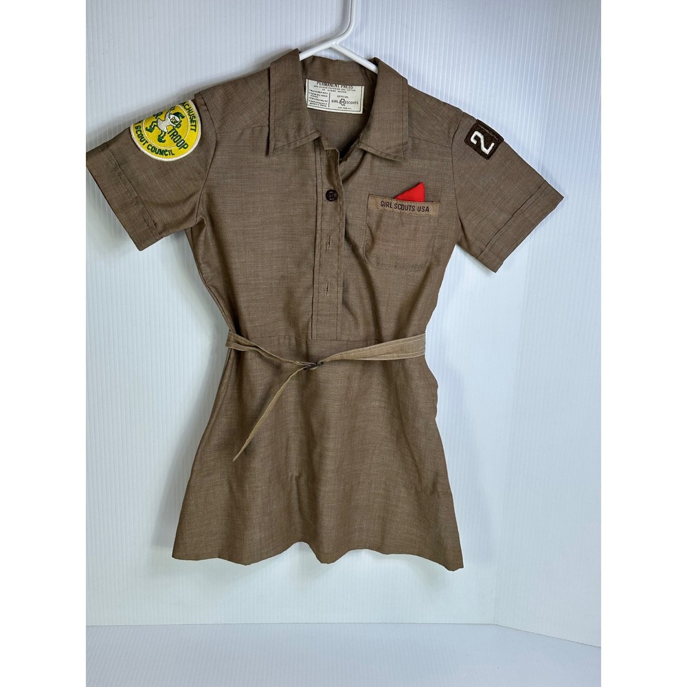 Vintage Girl Scouts USA Uniform Dress Brown Montachusett Piper Troop 281 Patches